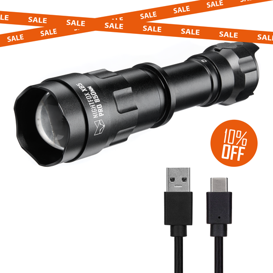Black flashlight with USB cable and '10% OFF' sale banner on a white background