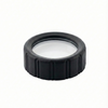 Black circular lens cap with plastic center on a white background