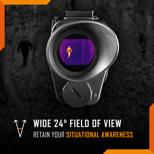 Viewfinder of thermal monocular showing the AMOLED screen and a 24 degree field of view