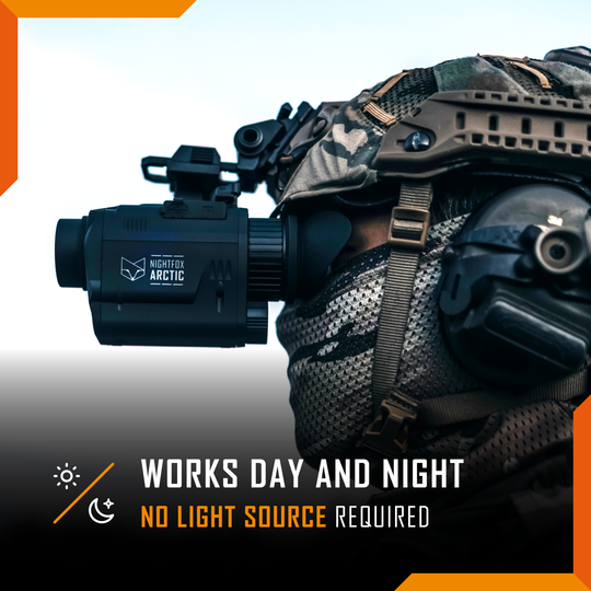 Helmet-mounted Arctic night vision device on a gray background