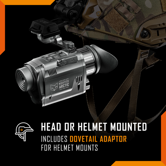 Helmet or helmet-mounted device with dovetail adaptor on a black background
