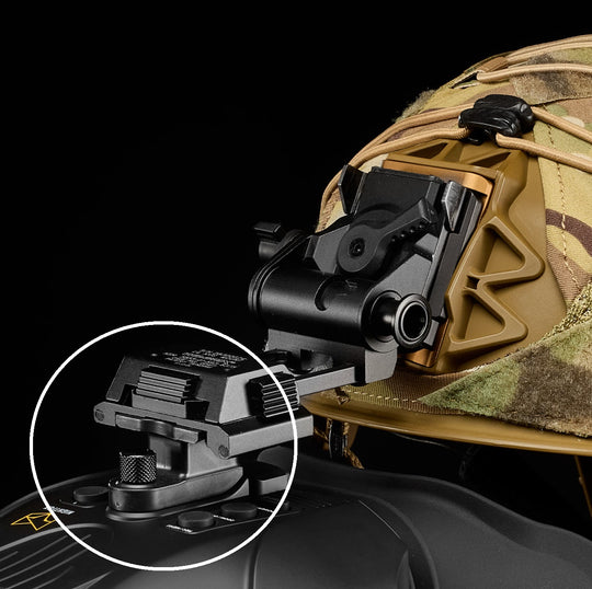 REPLACEMENT DOVETAIL HELMET ADAPTER (FOR SWIFT 2, SWIFT, RED) mounted on a helmet with NVG attached