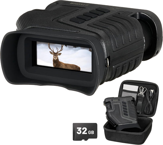 Black digital night vision device with deer image on screen, case, and 32GB memory card on white background