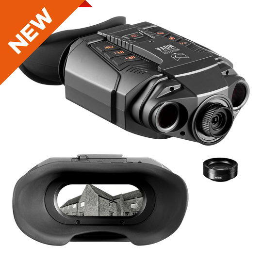 Black night vision device with lens and screen on a white background