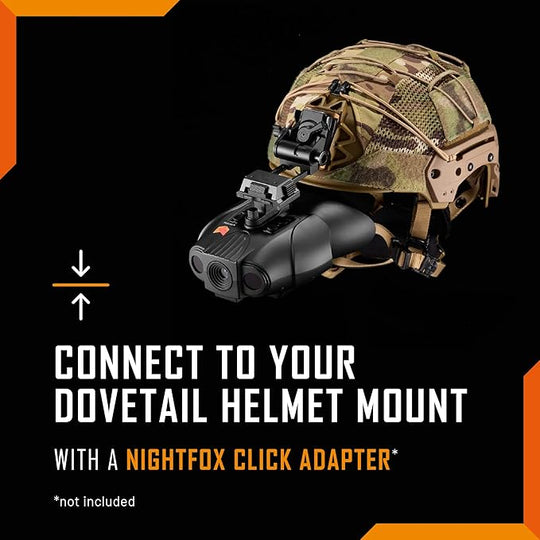 Digital night vision goggles connected to a helmet using a Nightfox Click adaptor
